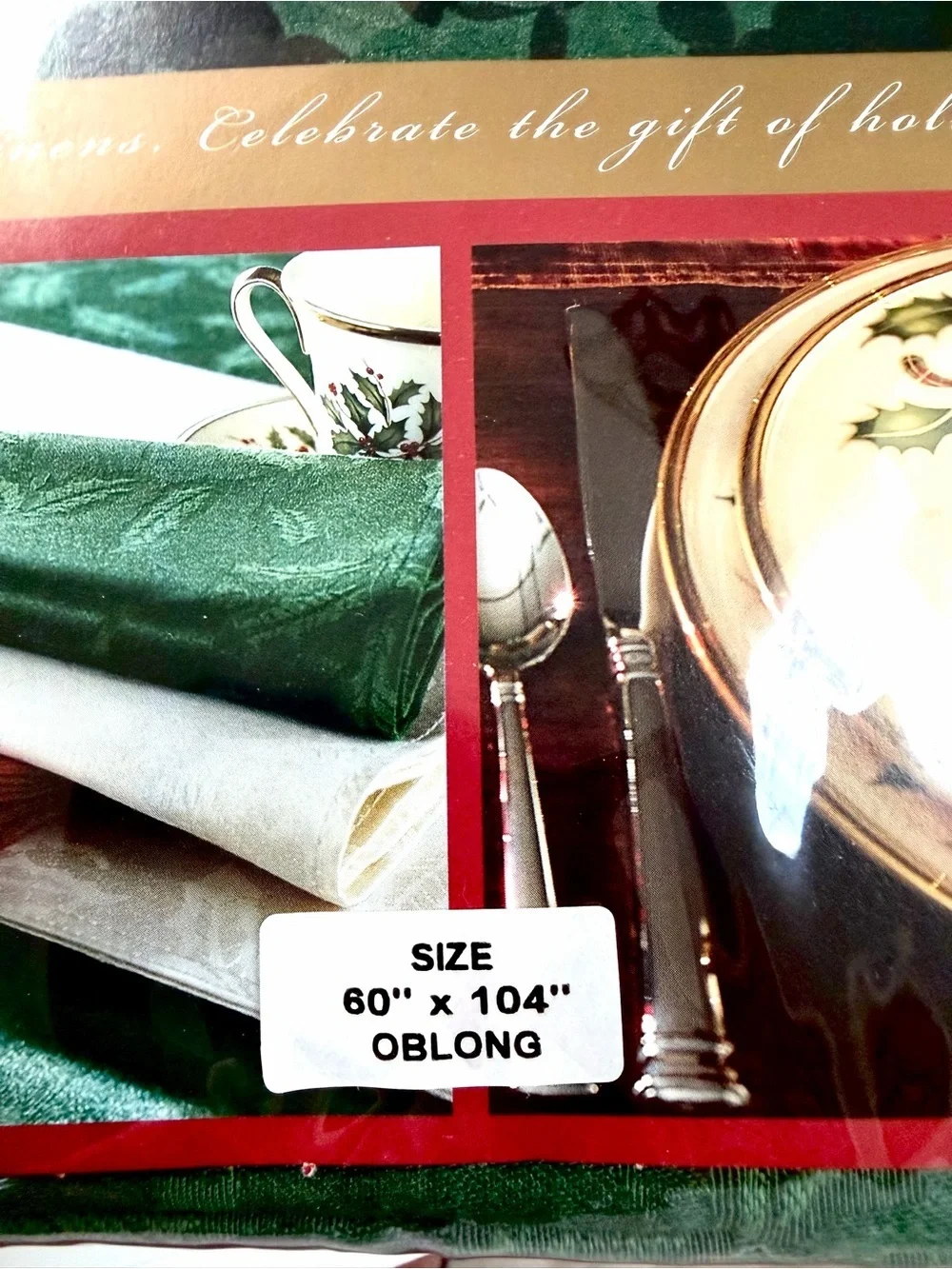Lenox Holiday Nouveau Holly Damask Tablecloth 60x104 Oblong NEW Green Christmas